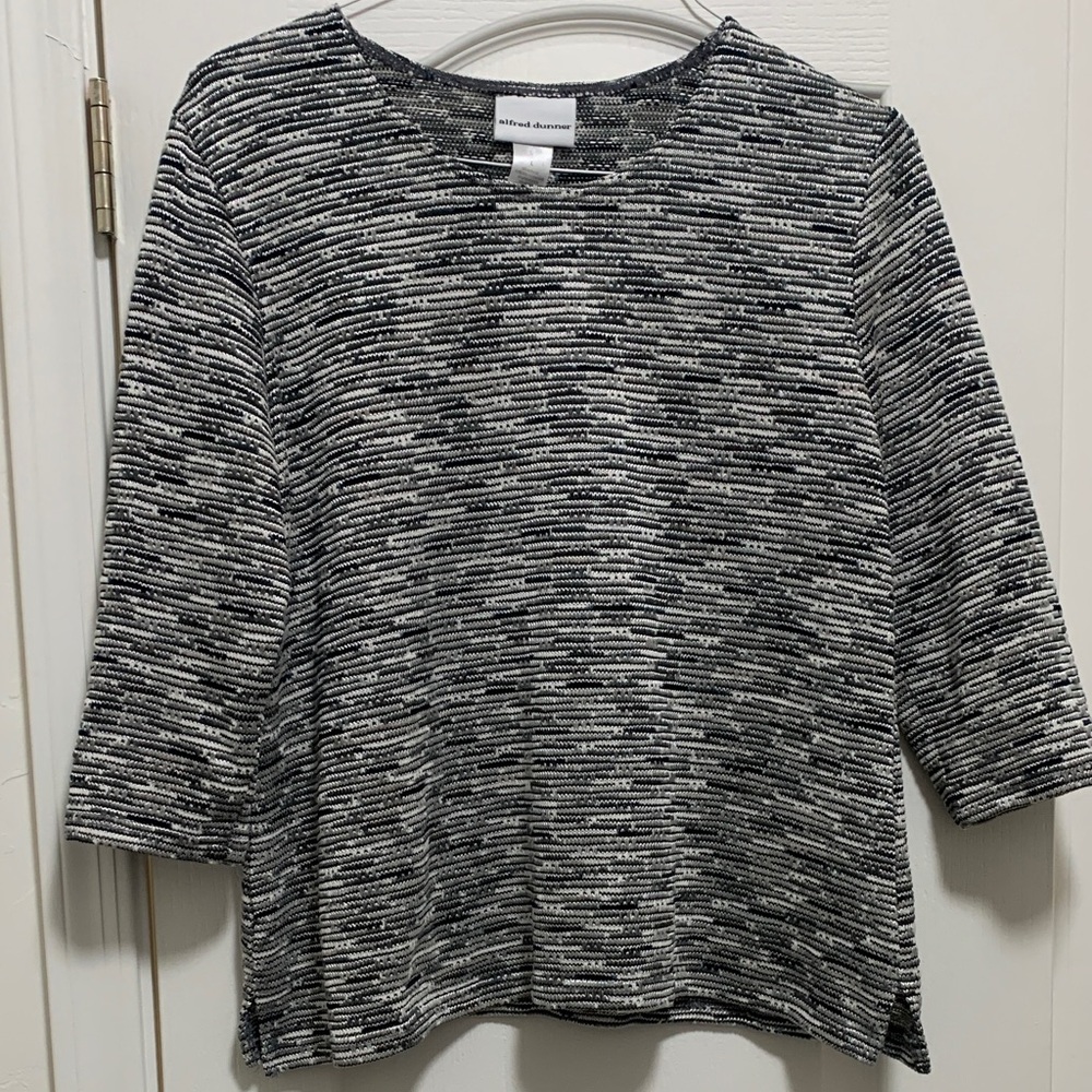 Alfred Dunner Womens Black White Grey Patterned Top Shirt 3/4 Sleeve LARGE